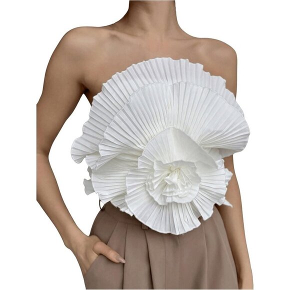 Tops - Women’s 3D Flower Strapless Bandeau Top Sleeveless Crop Slim Fit